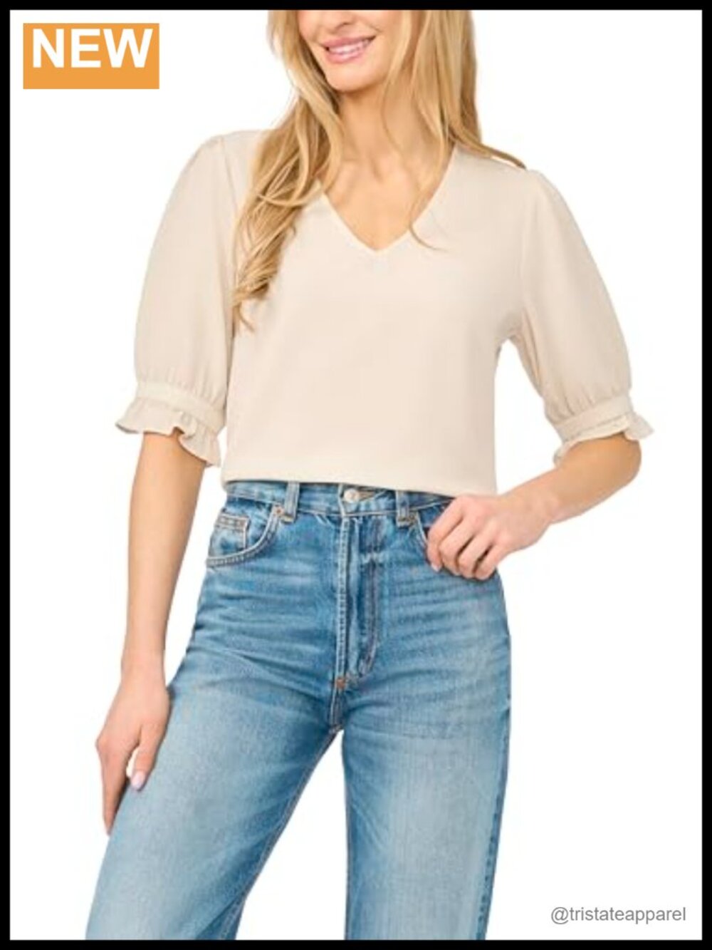 Ruffle Cuff V-Neck Blouse Elbow Sleeve Women Top Polyester